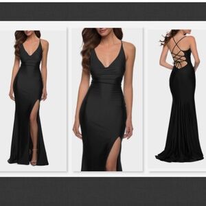 NEW La Femme Cross Back Satin Jersey Trumpet Gown Black Size 6